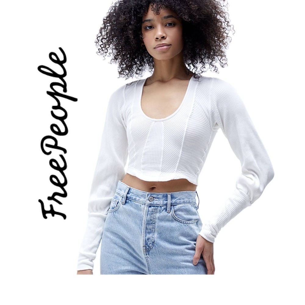 Free People White Ribbed Corset Long Sleeve Crop Top Scoop Neck Sz M Fairy Core